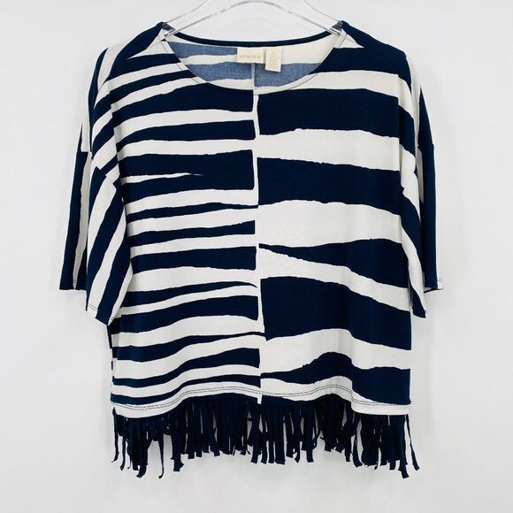 Chico's Size 0 Small Navy & White Striped Fringed Boxy Short Sleeve Blouse Top - Picture 1 of 9